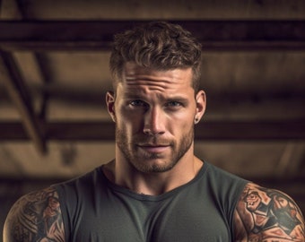 AI Male Model: Bad Boy Military Sports Muscles, Romance Novel Cover Model, AI Photography, Handsome Man Portrait, Photos for FB Ads