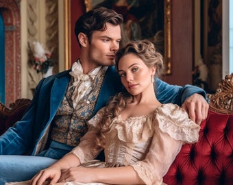 AI Female and Male Model: Historical Couple Romance Novel Cover Model, AI Photography, Elegant Couple in Historical Dress, Portrait