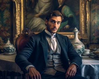 AI  Male Model: Historical Couple Romance Novel Cover Model, AI Photography, Elegant Man in Historical Dress, Portrait