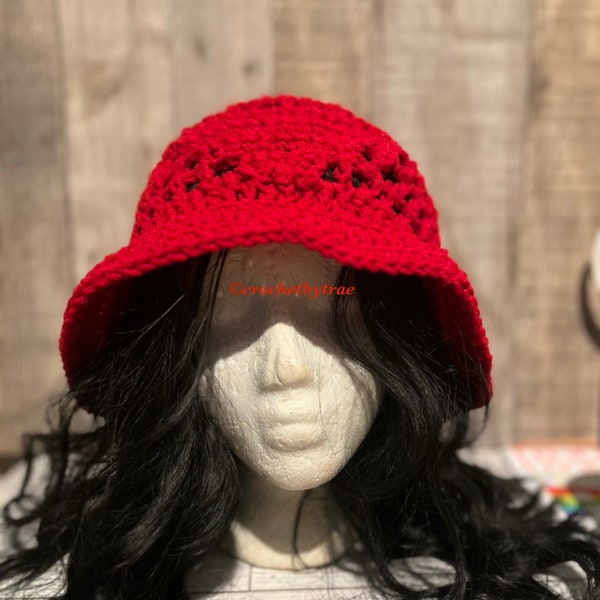 Crochet bucket hat-Prada inspired red bucket hat-Summer hat-Sun hat