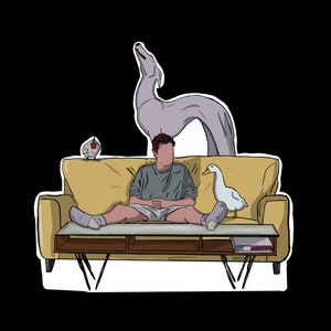 May include: Illustration of a person sitting on a yellow couch with a duck, chicken, and a large grey dog. The person is wearing a grey shirt and white shorts. A coffee table is in front of the couch.