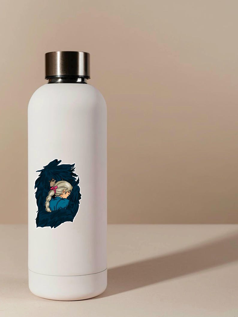 May include: White insulated water bottle with a silver lid. A sticker of a cartoon girl with blonde hair and a pink bow is on the bottle. The girl is wearing a blue top and is surrounded by a dark blue, stylized illustration.