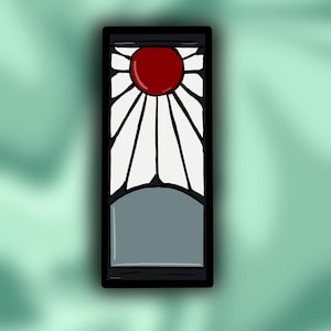 May include: A rectangular, black-bordered illustration featuring a red sun with white rays against a white background. Below the sun design is a gray shape. The image is set against a teal background.