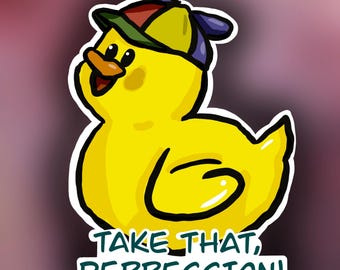 Pegatina inspirada en Hazbin Hotel: cita de Lucifer con un pato: "¡Toma esa depresión!"