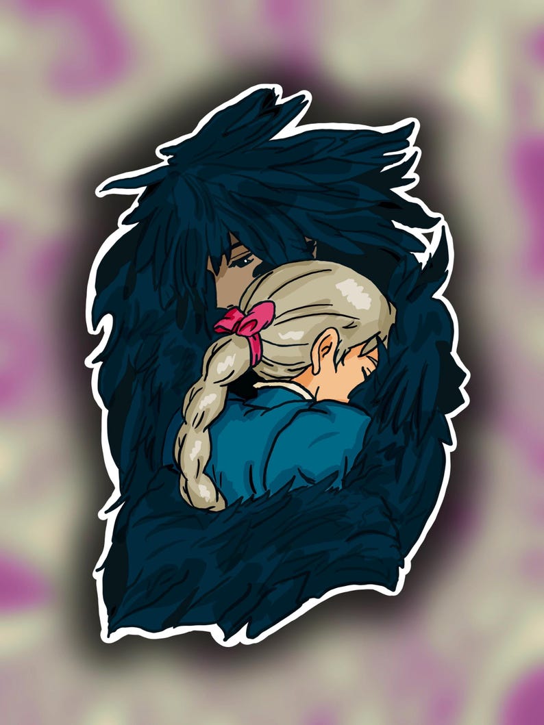 May include: A sticker depicting an anime-style illustration of two figures in an embrace. One figure is surrounded by dark blue, feathery forms, while the other has blonde hair with a pink bow and a blue top. The background is a soft purple and white.