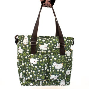 Bunny Tote | Cute Waterproof Bunny Tote | Large Cavas Tote | Bunny and Flower Tote | Zipper Crossbody Tote
