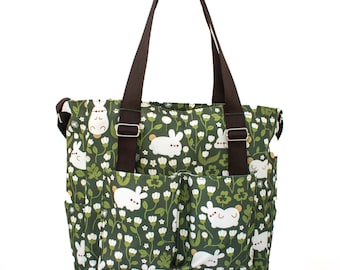 Bunny Tote | Cute Waterproof Bunny Tote | Large Cavas Tote | Bunny and Flower Tote | Zipper Crossbody Tote