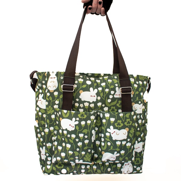 Bunny Tote | Cute Waterproof Bunny Tote | Large Cavas Tote | Bunny and Flower Tote | Zipper Crossbody Tote