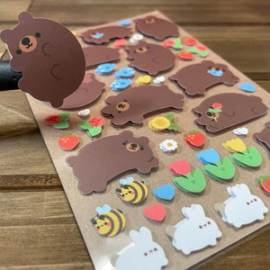 Brown Bears Sticker Sheet | Cute Bear Sticker Sheet | Matte Bear Stickers | Cottagecore Sticker Sheet | Flower Sticker Sheet