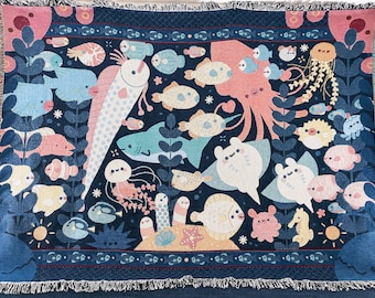 Underwater Tapestry Woven Blanket | Sea Creatures Cotton Blanket | Ocean Jacquard Loom Tapestry