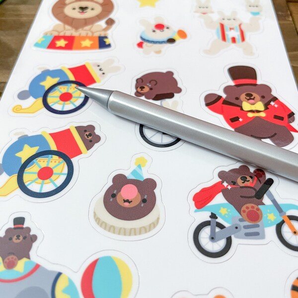 Circus Bear Sticker Sheet | Clown Sticker Sheet | Cute Circus Stickers | Cottagecore Sticker Sheet | Cute Animal Sticker Sheet