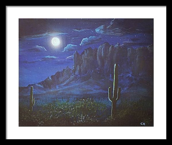 その他 desert_moon Superstition Mountains, Arizona Art Print, Full Moon Landscape