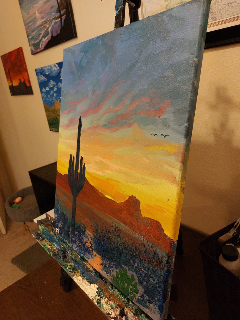 Tucson Arizona Sunset Painting, Twin Peaks, Marana AZ, Northwest Tucson, Sonoran Desert Art