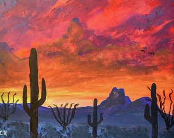Twin Peaks Sunset, Tucson Original Painting, Southwestern Desert Landscape, Marana AZ, Fiery Winter Sunset, Southern Arizona Art, Artwork