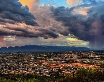 Monsoon Hits Tucson, Print, Tucson Arizona, AZ, Catalina Mountains, City Skyline Thunderstorm, Old Pueblo, Photography Print, Southwest