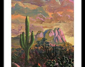 Sanctuary Cove Print, Marana AZ Wall Art, Sonoran Desert Landscape, Southwestern Art Print, Arizona Sunset and Tucson Skies, Safford Peak