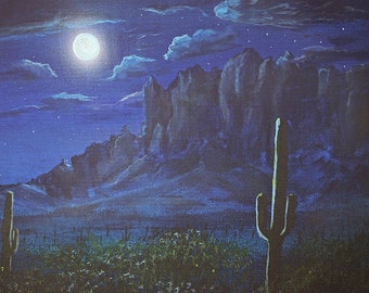 Superstition Mountains, Arizona Art Print, Full Moon Landscape