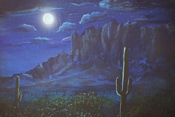 bear moon★MCワークス【パガニズム106Ｚ−Ｒ/Ｓ 15周年】 Superstition Mountains, Arizona Art Print, Full Moon Landscape
