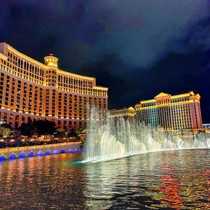 Hotel Lit Up at Night Bellagio Resort and Casino The Strip Las Vegas Nevada | Large Metal Wall Art Print | Great Big Canvas