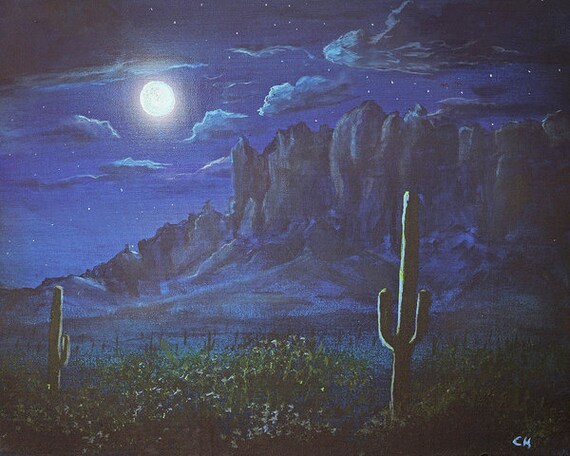 Superstition Mountains, Arizona Art Print, Full Moon Landscape