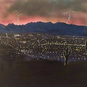 Tucson Arizona Painting, Lights of Tucson, Tumamoc Hill, Downton Tucson, Lightning, Arizona Monsoon season, Original Arizona Painting