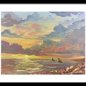 Seascape Print, California Sunset Print, Magical Ocean Wall Art, Sailboats Print, Impressionistic Painting Wall Decor, Pacific Ocean Print