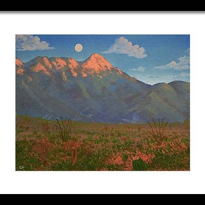 May include: A painting of a mountain range with a full moon in the sky. The mountains are a light blue and purple color, and the sky is a light blue color. The foreground is a field of green grass and bushes.