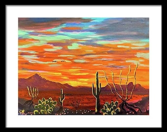 Tucson Arizona Wall Art, Arizona Sunset Print, Tucson Mountains Landscape Painting, Southwestern Wall Art Decor, Wasson Peak and Twin Peaks