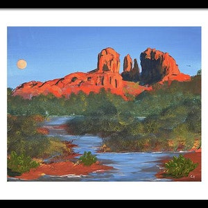 Sedona Print, Arizona Wall Art, Cathedral Rock, Southwest Landscape, Full moon rising, Red Rock Crossing, Oak Creed, Painting Print, AZ Art