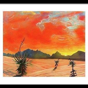 May include: A painting of a desert landscape with a bright orange sky and a few silhouetted mountains in the distance. There are three small trees in the foreground, and the sky is filled with clouds.