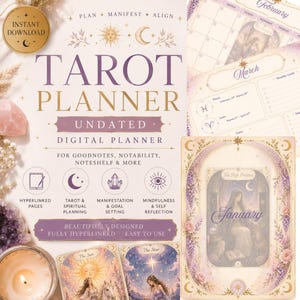 Könnte beinhalten: Ein undatierter digitaler Tarot-Planer mit einem himmlischen Design. Er enthält Abschnitte für Zielsetzung, spirituelle Planung und Achtsamkeit. Das Wort "Tarot Planner" ist prominent dargestellt. Enthält ein "Sofort-Download"-Abzeichen.
