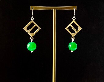 Modern Bronze Breeze Block Earrings with Green Onyx