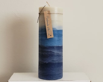 Ivory Blue Navy Decorative Beach Pillar Candle