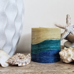 Sand Tan Teal Blue Handcrafted Beach Pillar Candle