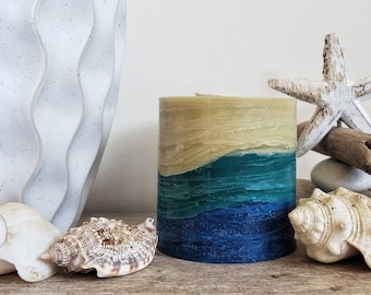 Sand Tan Teal Blue Handcrafted Beach Pillar Candle