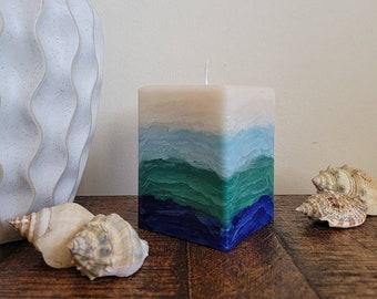 Ivory Teal Blue Handcrafted Rectangular Beach Pillar Candle