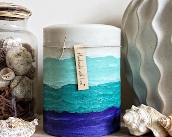 Layered Ivory Aqua Blue Teal Beach Pillar Candle l For Gift or Decor