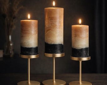 Tan, Cream, and Black Pillar Candle – Handmade Earth Tone Decorative Candle for Modern Rustic Home Decor