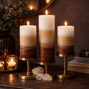 Earth Tone Pillar Candle – Handmade White, Cream, and Tan Decorative Candle for Natural or Neutral Home Decor