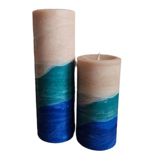 Beach Inspired Pillar Candle l Aqua Teal Blue Green Tan Beach Pillar Candle l Handcrafted Decorative Beach Pillar Candle For Decor or Gifts