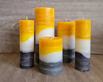 Yellow White Gray Decorative Layered Pillar Candle