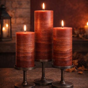 Burnt Orange Handcrafted Fall Autumn Decorative Pillar Candle l Fall Pillar Candle For Gifts or Decor l Scented or Unscented