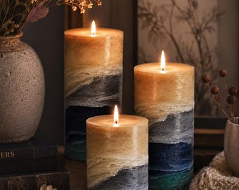 Tan Gray Navy Teal Pillar Candle - Earth Tone Ocean Textured Pillar Candle - For Gift or Home Decor