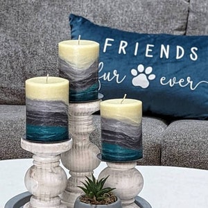 Ivory Gray Black Teal Beach Pillar Candle