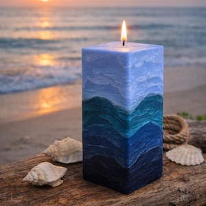 Blue Teal Navy Handcrafted Rectangular Beach Pillar Candle l Handcrafted Decorative Beach Pillar Candle For Decor or Gifts