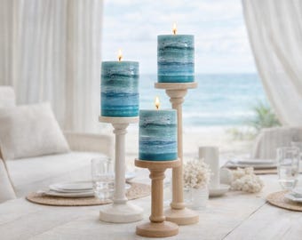 Aqua Teal Turquoise Candle l Blue Green Ocean Beach Pillar Candle l Handcrafted Decorative Beach Pillar Candle For Decor or Gifts