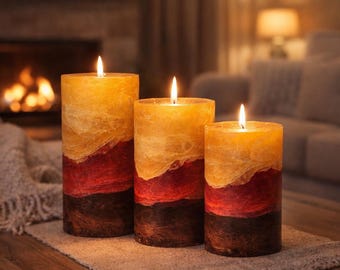 Vela de pilar marrón, roja, burdeos, dorada, bronceada, para verano y otoño. Vela de pilar decorativa hecha a mano para decoración o regalo.