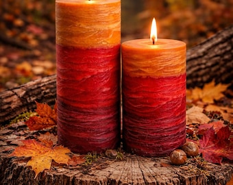 Vela cilíndrica otoñal color ámbar, amarillo, naranja quemado y rojo. Perfumada o sin perfume. Vela cilíndrica decorativa hecha a mano para decoración o regalos.