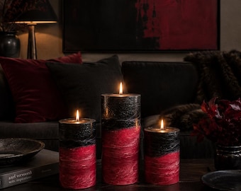 Halloween Black and Red Handcrafted Layered Pillar Candle
