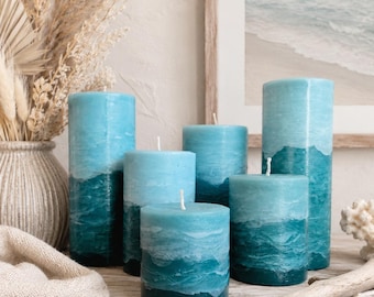 Blue Turquoise Teal Handcrafted Beach Pillar Candle l Handcrafted Decorative Beach Pillar Candle For Decor or Gifts